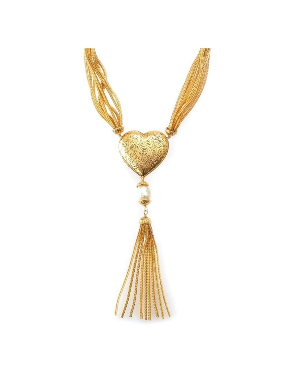 Saint Laurent Vintage Heart Fringe Pearl Necklace Gold